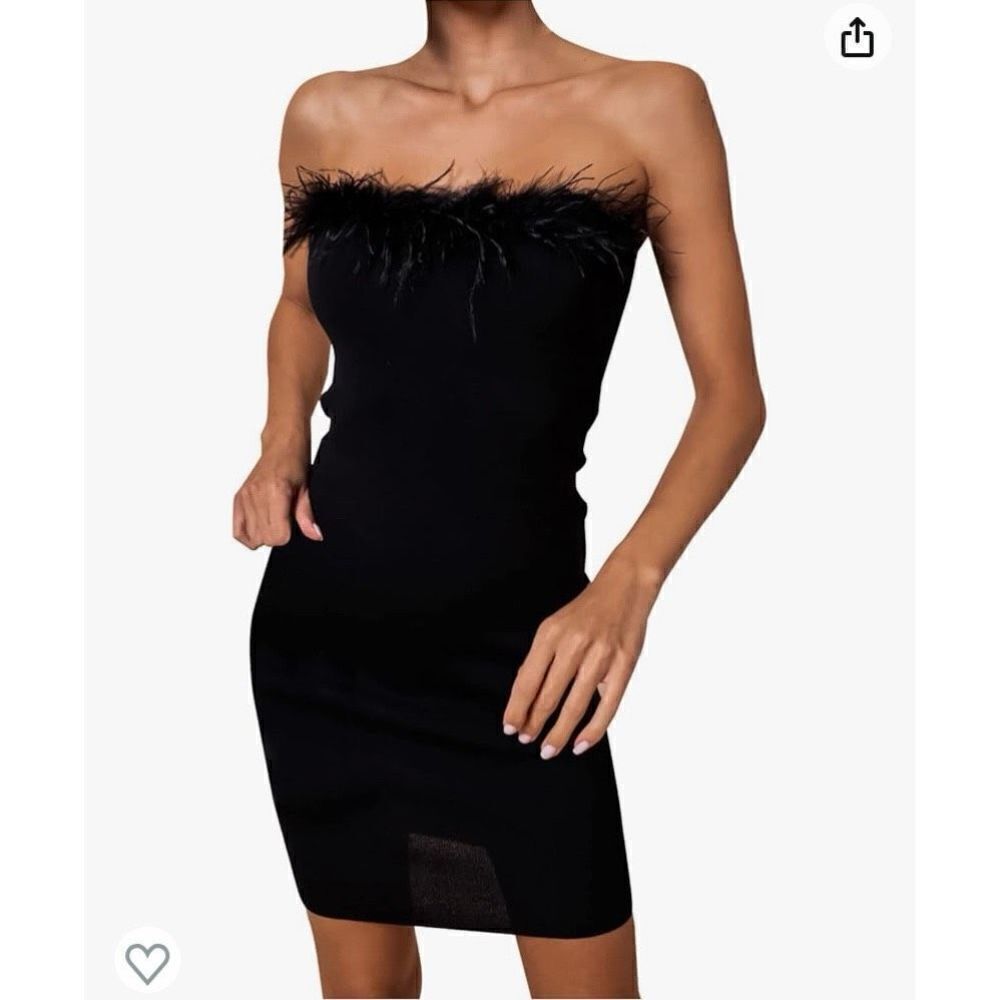SHEIN Black‎ Strapless Feather Trim Bodycon Mini Dress Bandage Style Size M LBD
